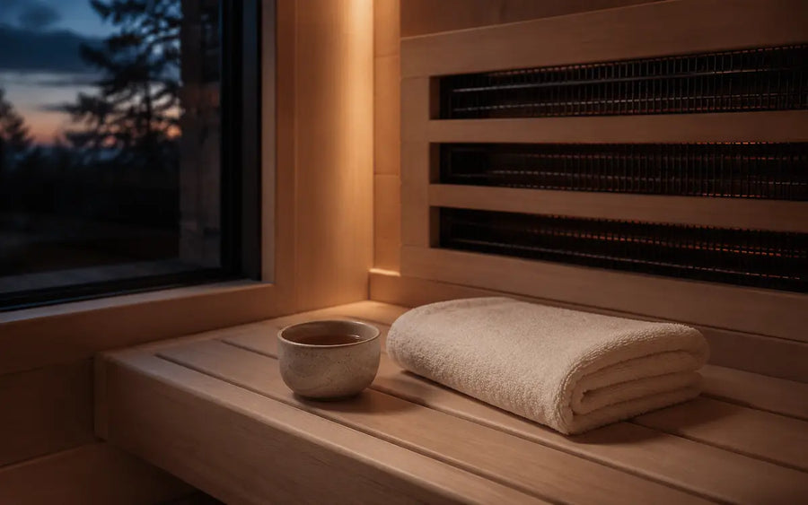 Quiet infrared sauna bench with a folded towel and evening tea