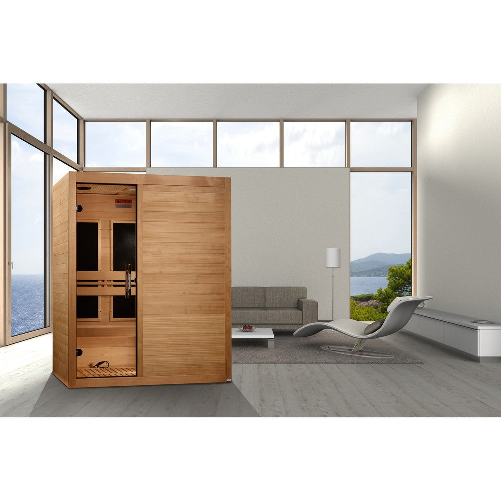 Maxxus S-Line Yoga 3 person Ultra Low EMF infrared sauna photographed in a room