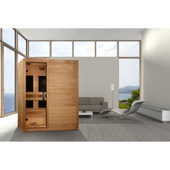 Maxxus S-Line Yoga 3 person Ultra Low EMF infrared sauna photographed in a room