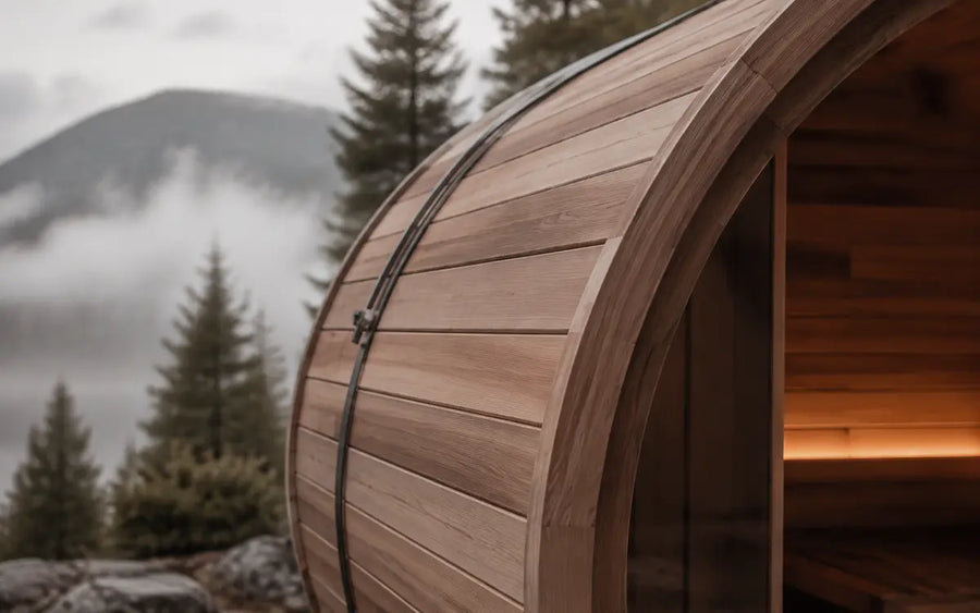 Curved cedar slats and warm doorway of an outdoor barrel sauna
