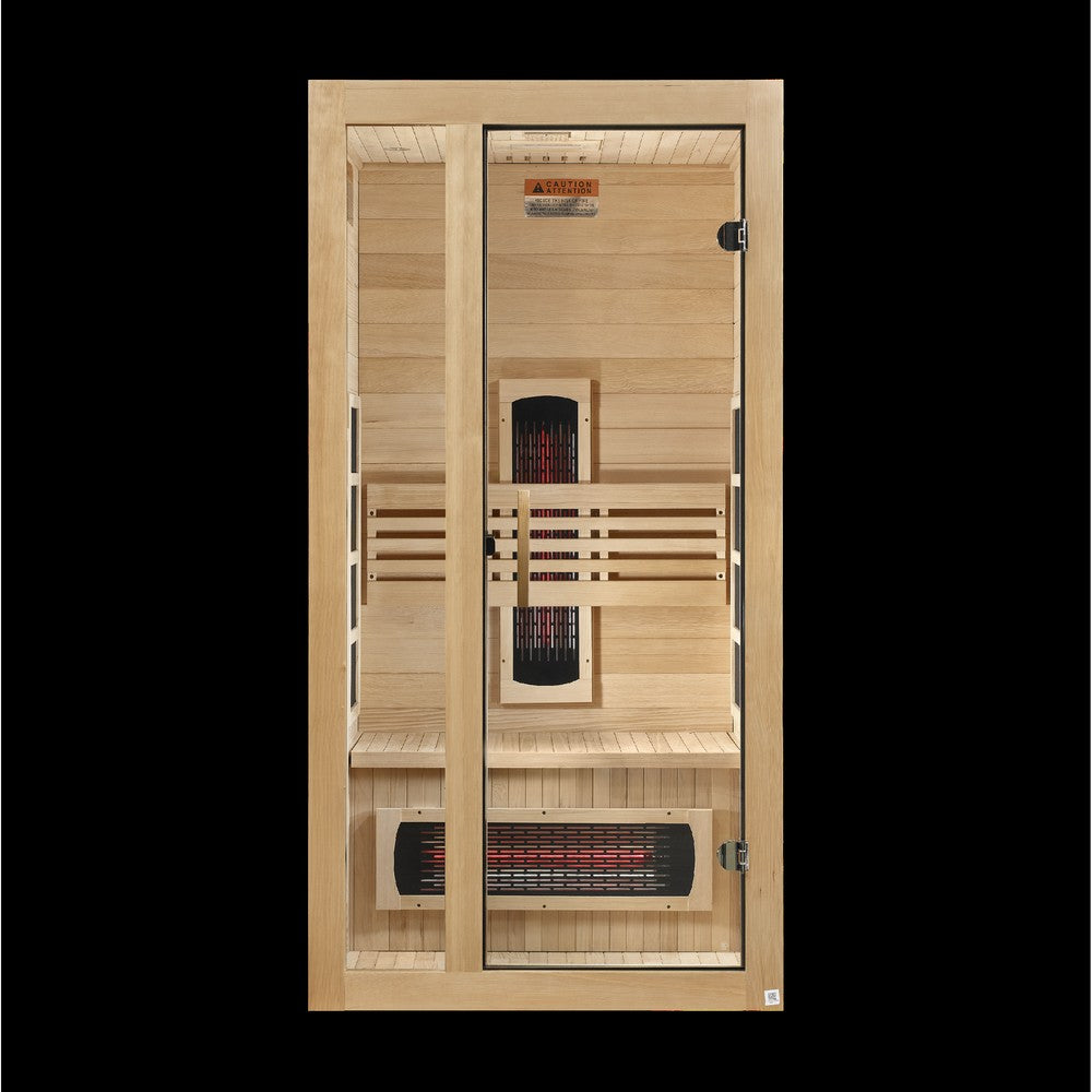 Dynamic Gracia 1 person Low EMF infrared sauna front view with the interior visible