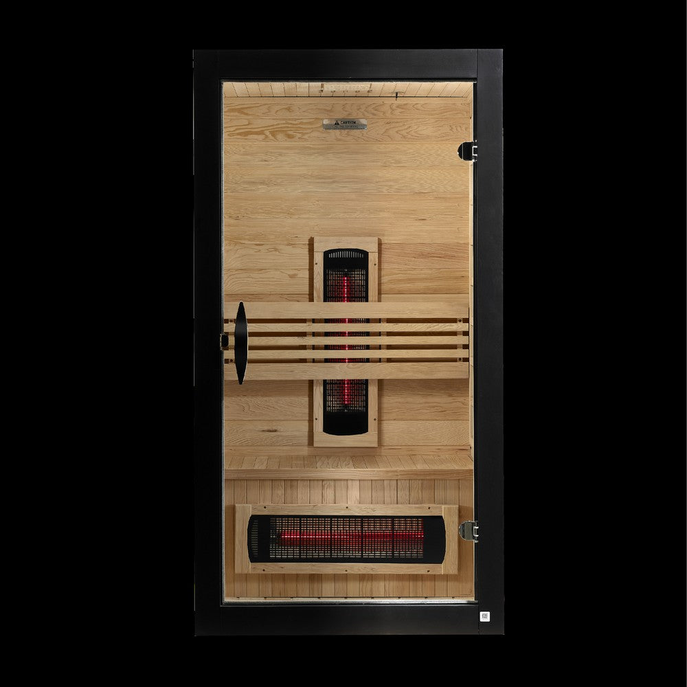 Dynamic Santorini 1 person Low EMF infrared sauna front view with the interior visible