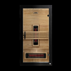 Dynamic Santorini 1 person Low EMF infrared sauna front view with the interior visible