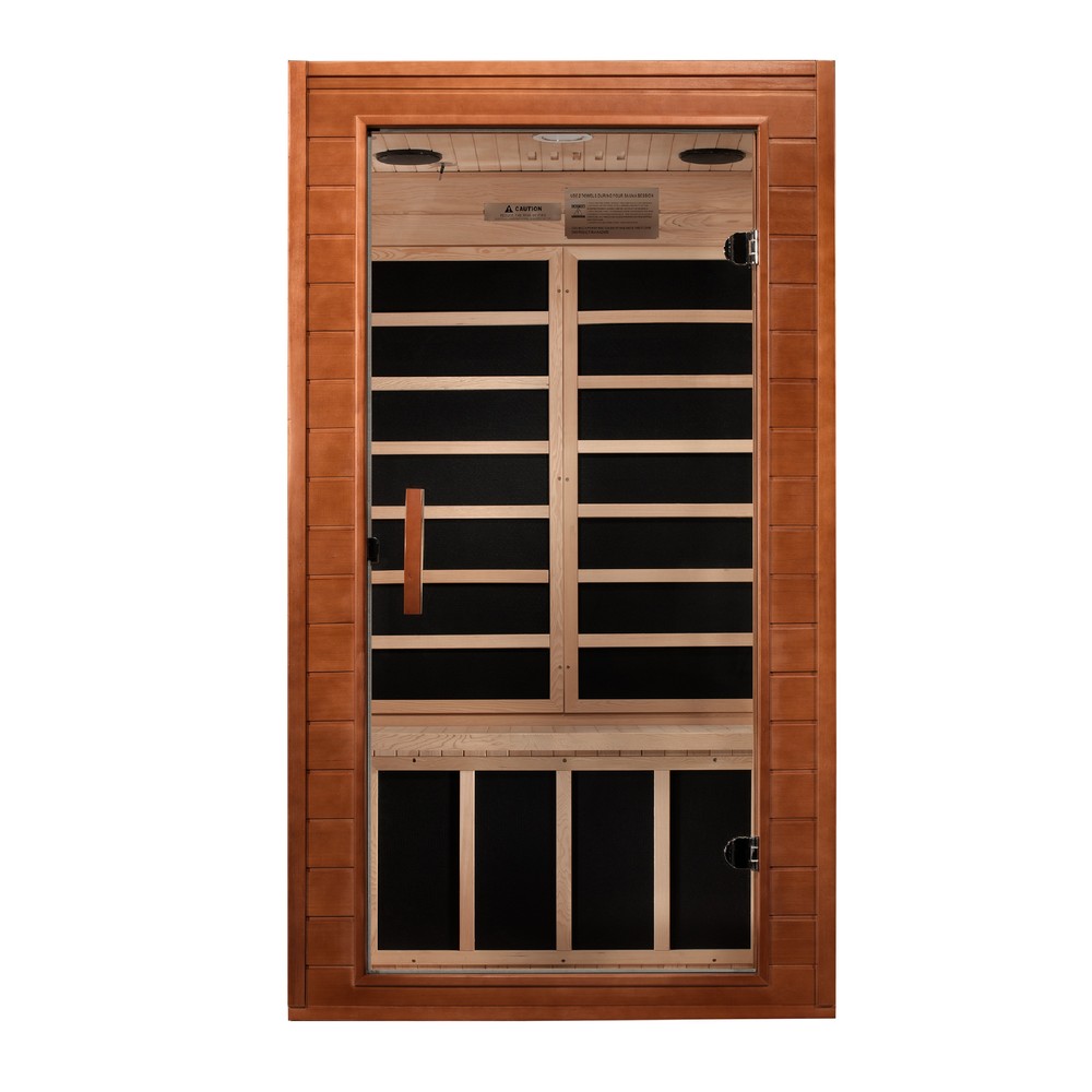 Dynamic Avila 1 person Low EMF infrared sauna front view with the interior visible
