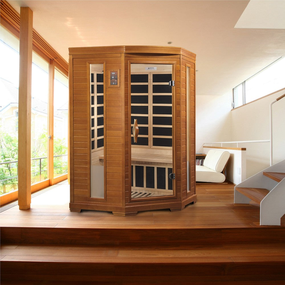 Dynamic Heming 2 person corner Low EMF infrared sauna front view with the interior visible