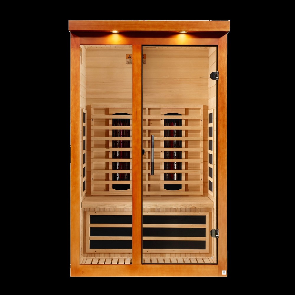 Dynamic Llumeneres 2 person Low EMF infrared sauna front view with the interior visible