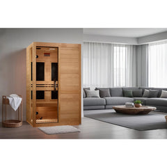 Dynamic Lucca 2 person Low EMF infrared sauna front view with the interior visible