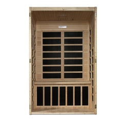Dynamic Santiago 2 person Low EMF infrared sauna front view with the interior visible