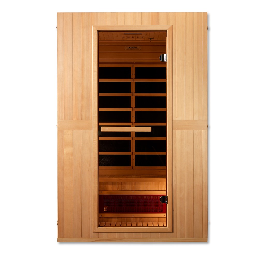 Maxxus Serenity 2 person Low EMF infrared sauna front view with the interior visible