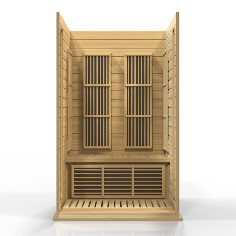 Maxxus Toulouse 2 person Low EMF infrared sauna front view with the interior visible