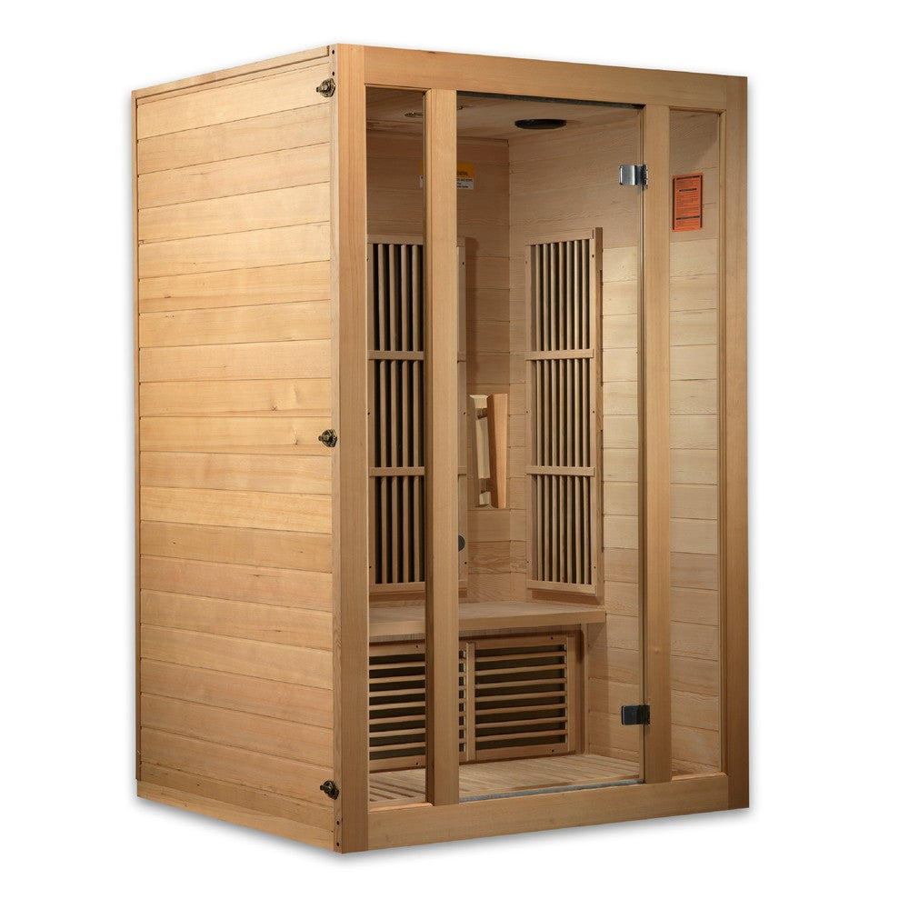 Maxxus Seattle 2 person Near Zero EMF infrared sauna front view with the interior visible