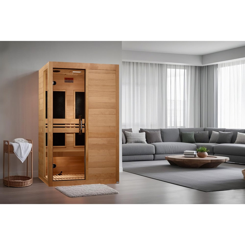 Dynamic Lucca Elite 2 person Ultra Low EMF infrared sauna front view with the interior visible
