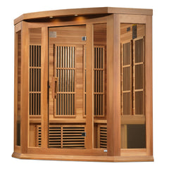 Maxxus MX-K356-01 CED 3 person corner red cedar Low EMF infrared sauna front view with the interior visible
