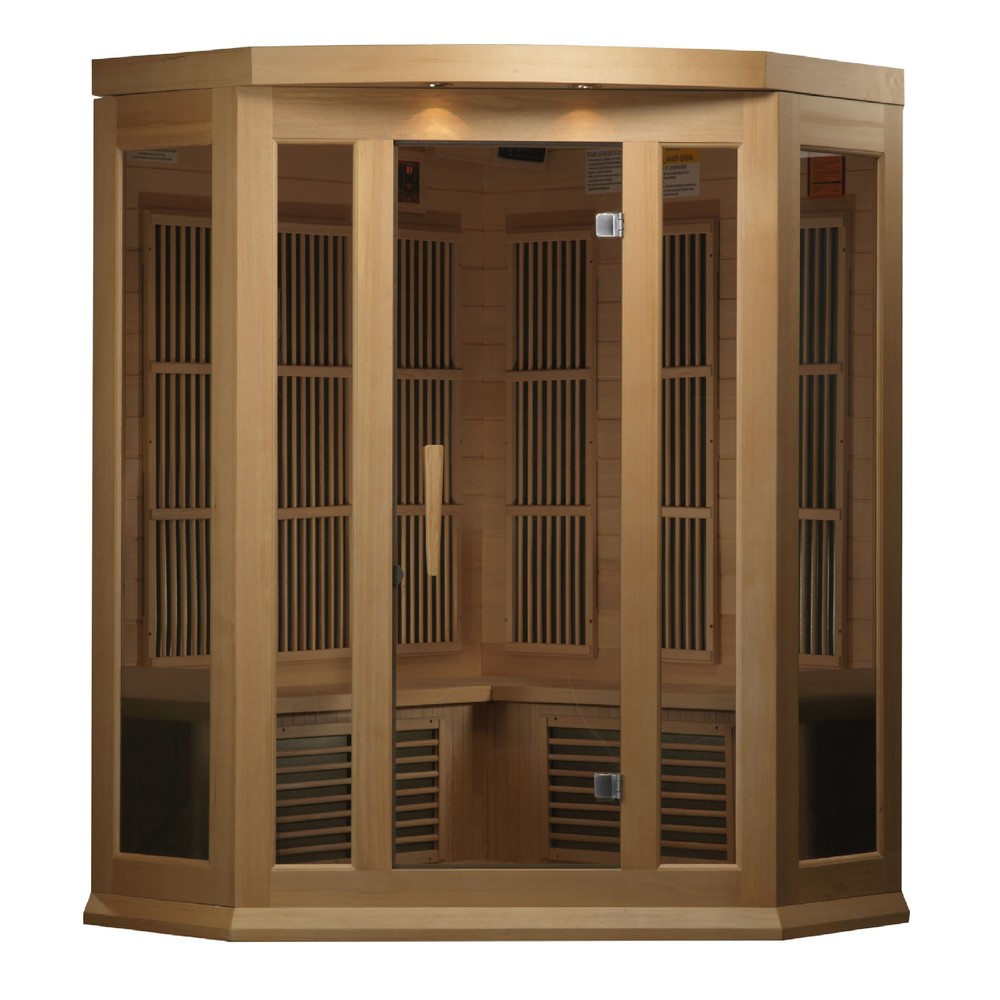 Maxxus MX-K356-01 3 person corner Low EMF infrared sauna front view with the interior visible