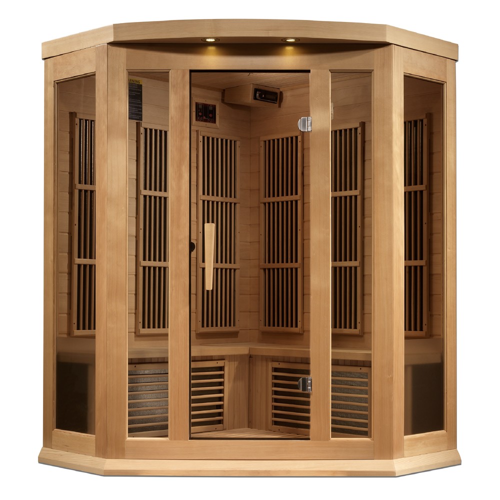 Maxxus MX-K356-01-ZF 3 person corner Near Zero EMF infrared sauna front view with the interior visible