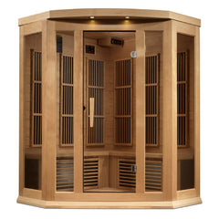 Maxxus MX-K356-01-ZF 3 person corner Near Zero EMF infrared sauna front view with the interior visible