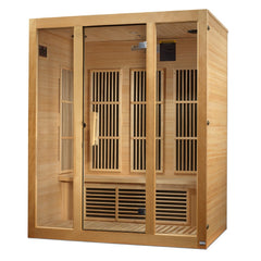 Maxxus Bellevue 3 person Near Zero EMF infrared sauna front view with the interior visible