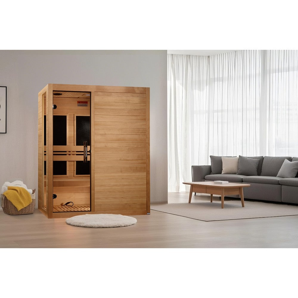 Dynamic Toscana Elite 3 person Ultra Low EMF infrared sauna front view with the interior visible