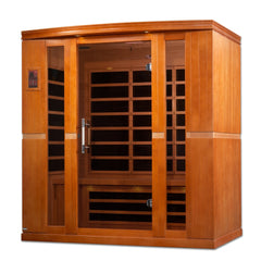 Dynamic Bergamo Elite 4 person Ultra Low EMF infrared sauna front view with the interior visible