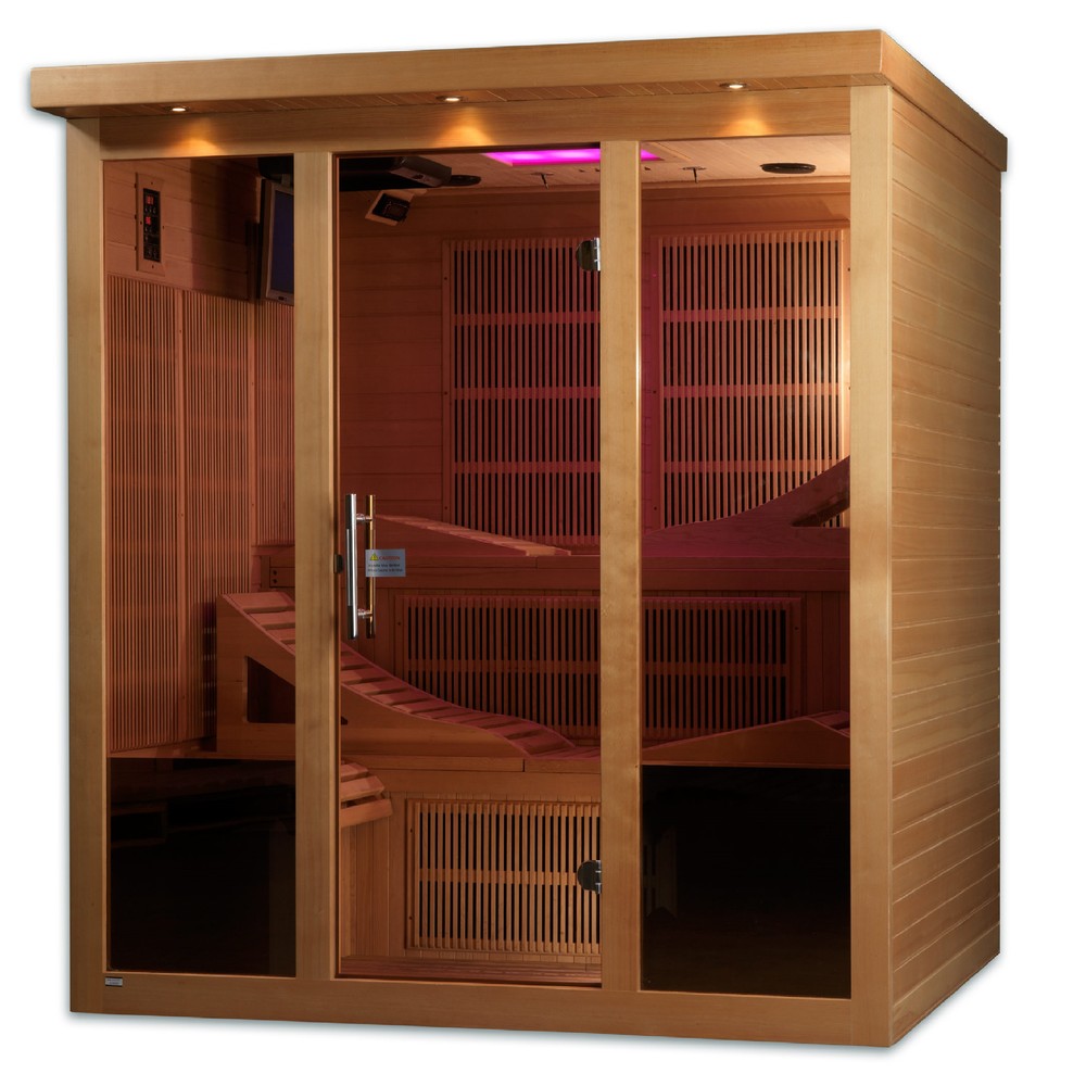 Golden Designs Monaco Elite 6 person Near Zero EMF infrared sauna front view with the interior visible
