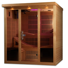 Golden Designs Monaco Elite 6 person Near Zero EMF infrared sauna front view with the interior visible