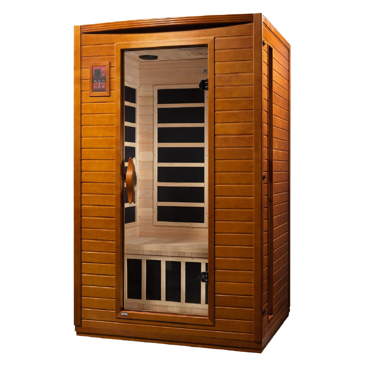 Dynamic Versailles Elite DYN-6202-03 two-person Ultra Low EMF infrared sauna, front right angled view