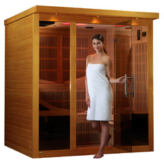 Dynamic Monaco Elite DYN-6996-01 six-person infrared sauna shown with a person for scale
