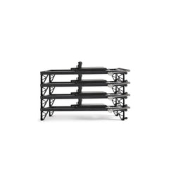 Four Elina Pilates HL1 aluminum reformers stacked for space-saving studio storage