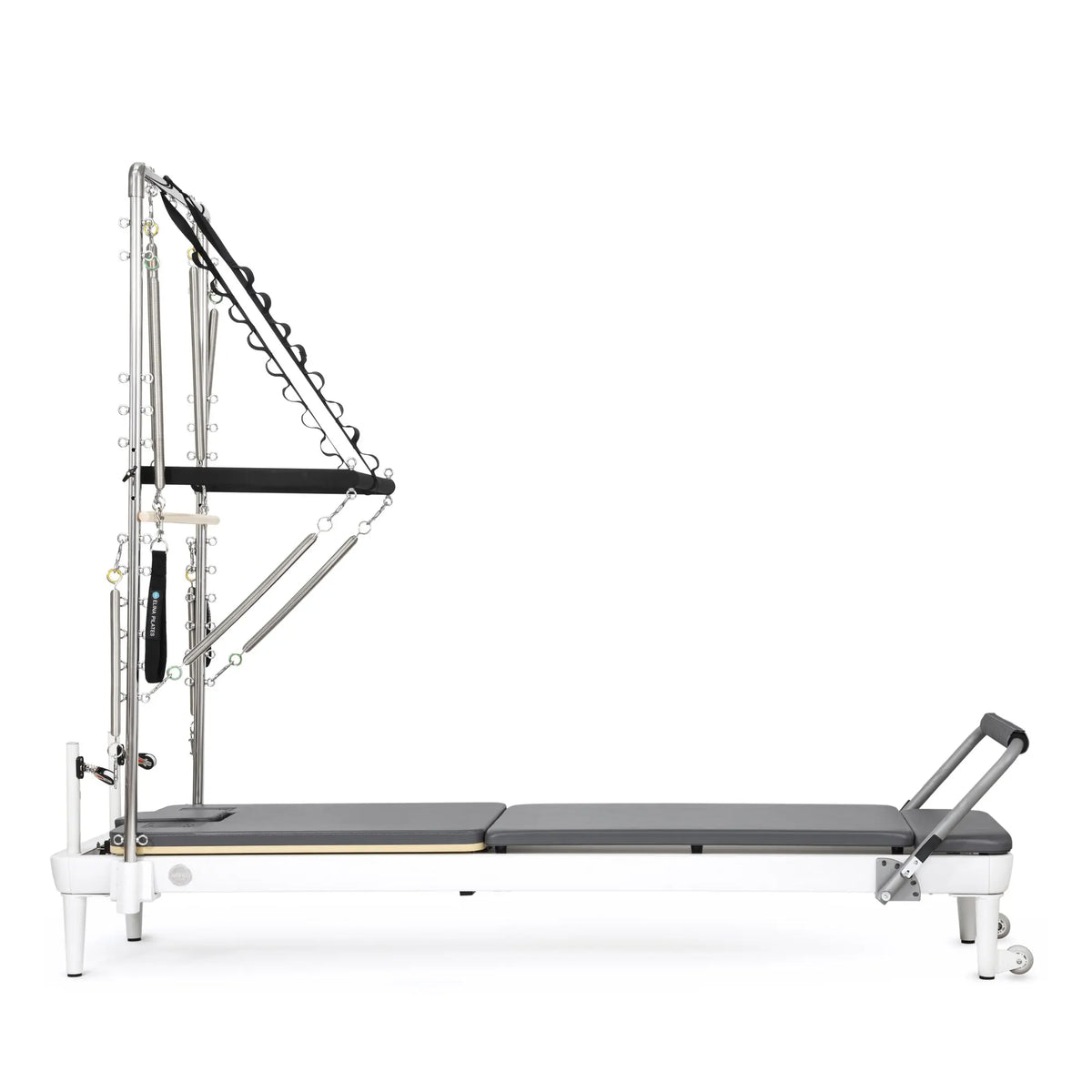 Grey Elina Pilates Nubium Reformer with Tower, full side view