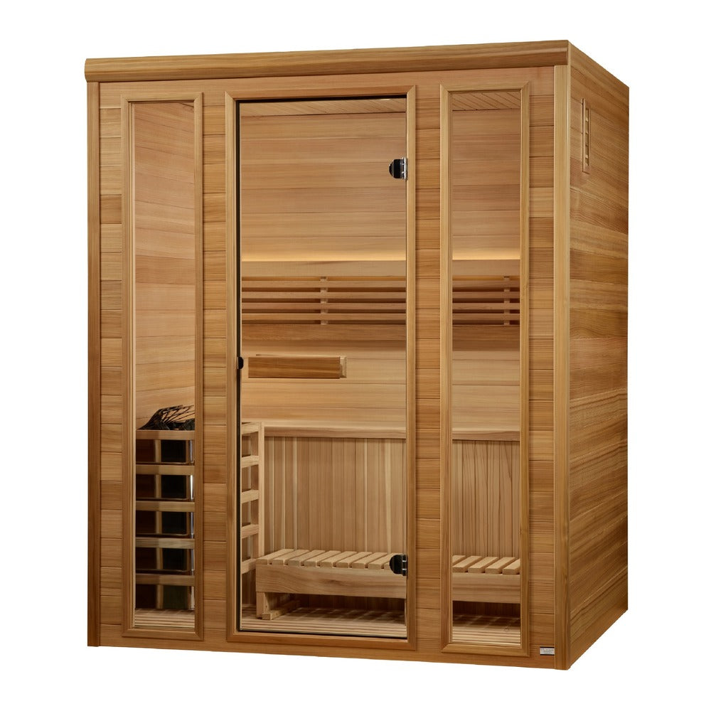 Golden Designs Andermatt 3 Person Traditional Sauna angled view with Pacific Premium Clear Cedar exterior