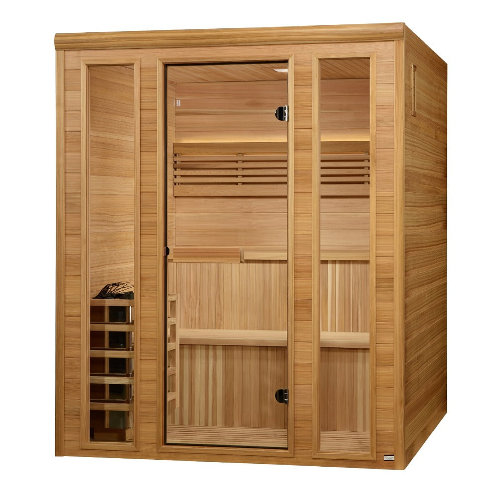 Golden Designs Engelberg 6 Person Traditional Sauna angled view with Pacific Premium Clear Cedar exterior