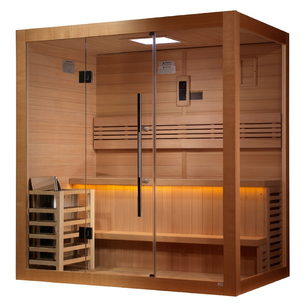 Golden Designs Forssa 3 Person Traditional Sauna angled view with glass front and cedar interior