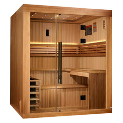 Golden Designs Osla 6 Person Traditional Sauna traditional sauna interior with wide bench and glass front