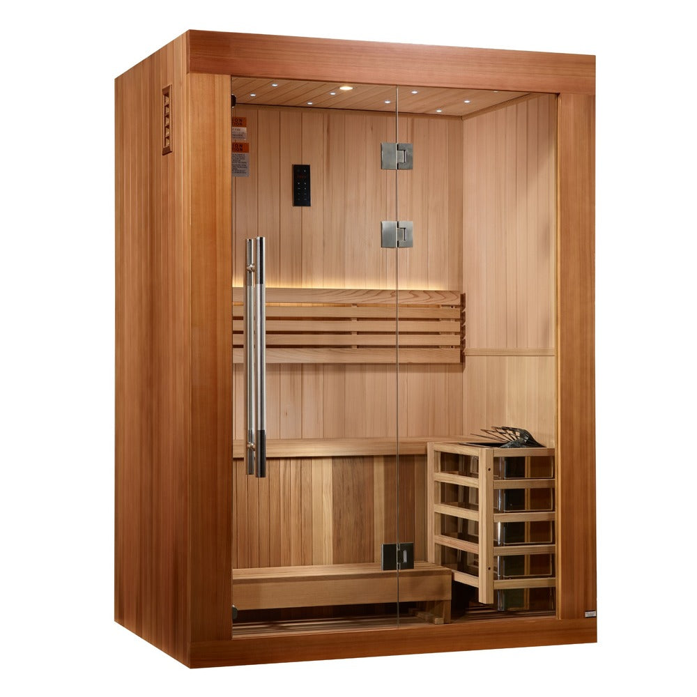 Golden Designs Sundsvall 2 Person Traditional Sauna traditional sauna interior with bench and glass front