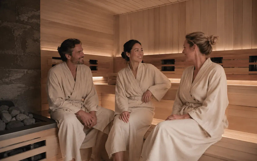 Three friends relaxing together in a spacious hybrid sauna