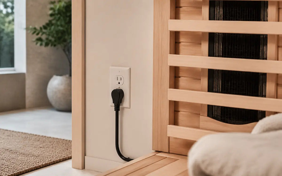 Standard 120V wall outlet connected beside an infrared sauna