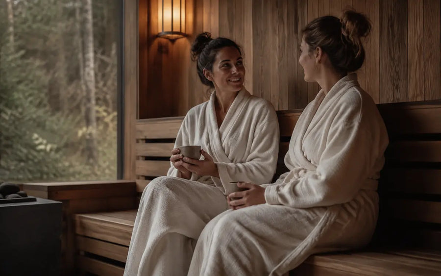 Two friends relaxing together in an outdoor sauna