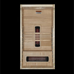 Dynamic Gracia 1 person Low EMF infrared sauna interior seen with the front wall removed