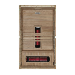 Dynamic Santorini 1 person Low EMF infrared sauna interior seen with the front wall removed