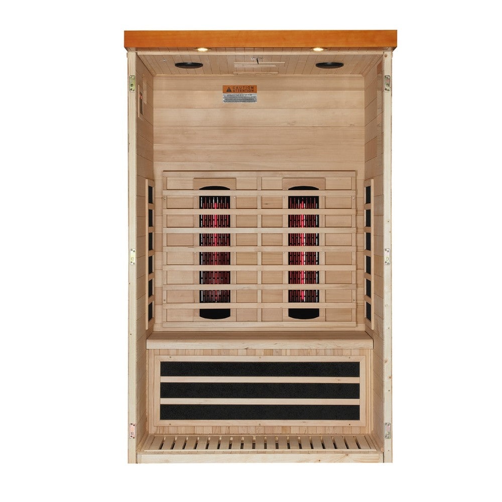 Dynamic Llumeneres 2 person Low EMF infrared sauna interior seen with the front wall removed