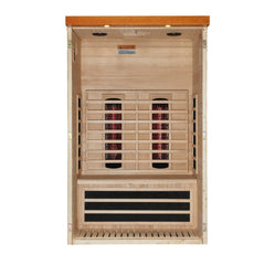 Dynamic Llumeneres 2 person Low EMF infrared sauna interior seen with the front wall removed