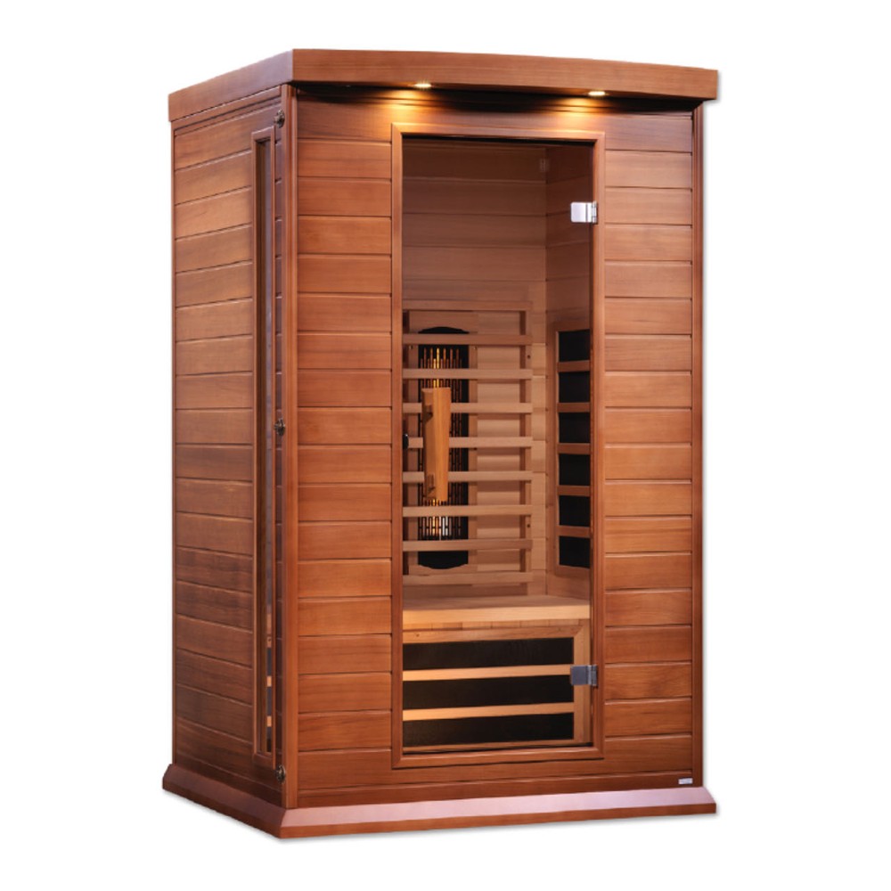 Maxxus MX-M206-01-FS CED 2 person red cedar full spectrum infrared sauna front view with the interior visible