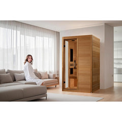 Dynamic Lucca 2 person Low EMF infrared sauna photographed against a plain background