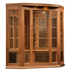 Maxxus MX-K356-01 CED 3 person corner red cedar Low EMF infrared sauna photographed against a plain background