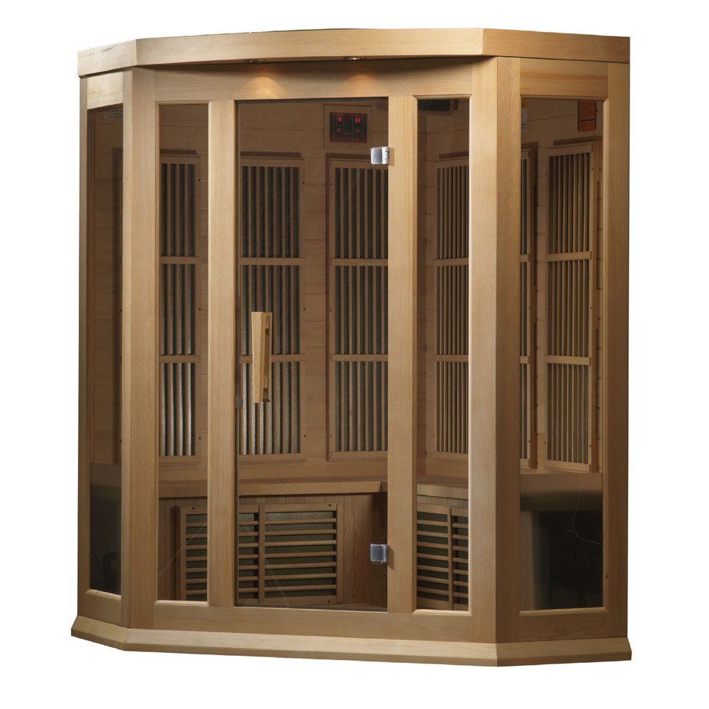 Maxxus MX-K356-01 3 person corner Low EMF infrared sauna photographed against a plain background