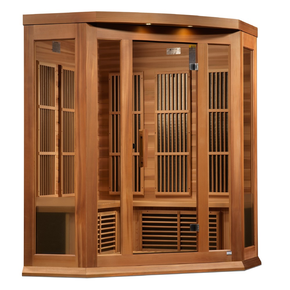 Maxxus MX-K356-01-ZF CED 3 person corner red cedar Near Zero EMF infrared sauna photographed against a plain background