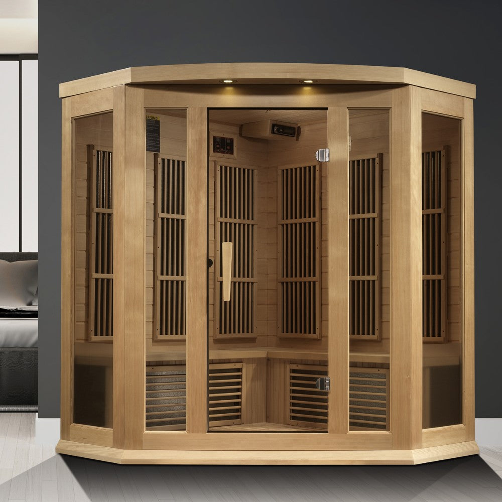 Maxxus MX-K356-01-ZF 3 person corner Near Zero EMF infrared sauna photographed against a plain background