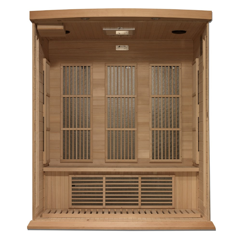 Maxxus MX-K306-01-ZF 3 person Near Zero EMF infrared sauna photographed in a room