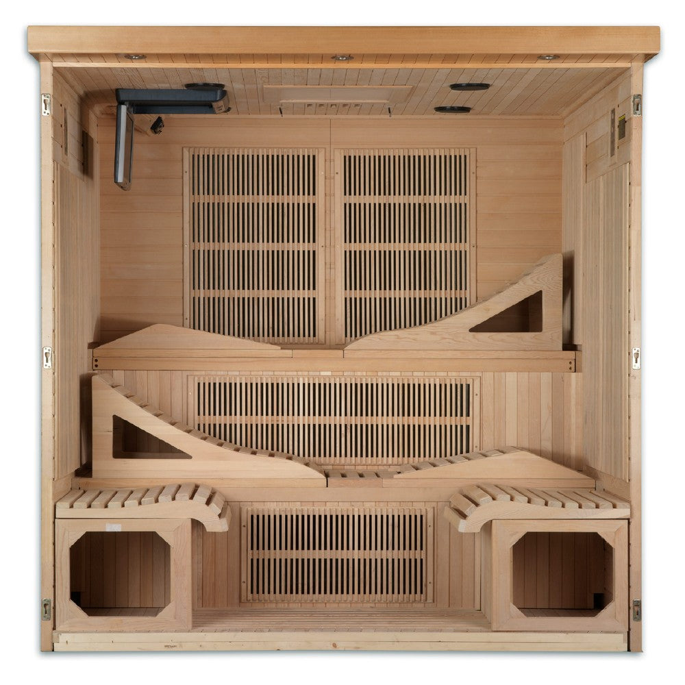 Golden Designs Monaco Elite 6 person Near Zero EMF infrared sauna photographed against a plain background