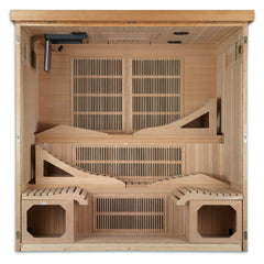 Golden Designs Monaco Elite 6 person Near Zero EMF infrared sauna photographed against a plain background